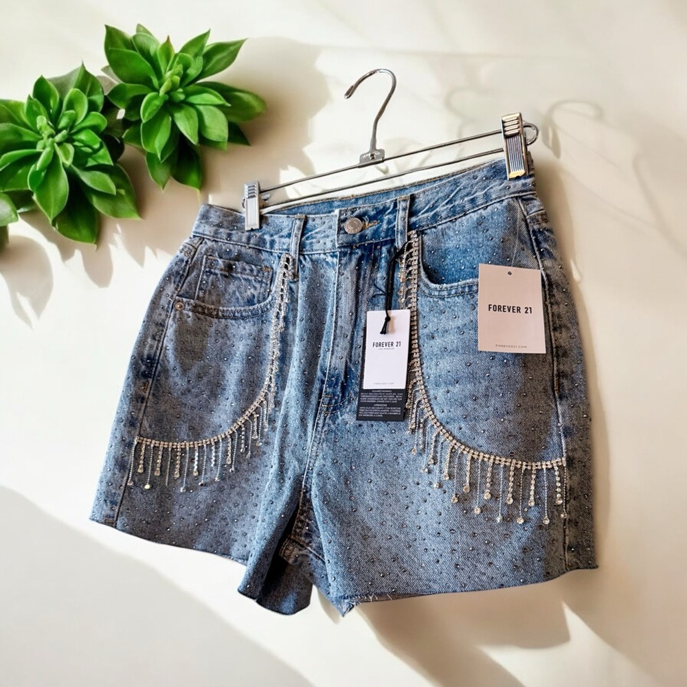 Forever 21 Blue Jean Shorts with Rhinestone Fringe Detailing